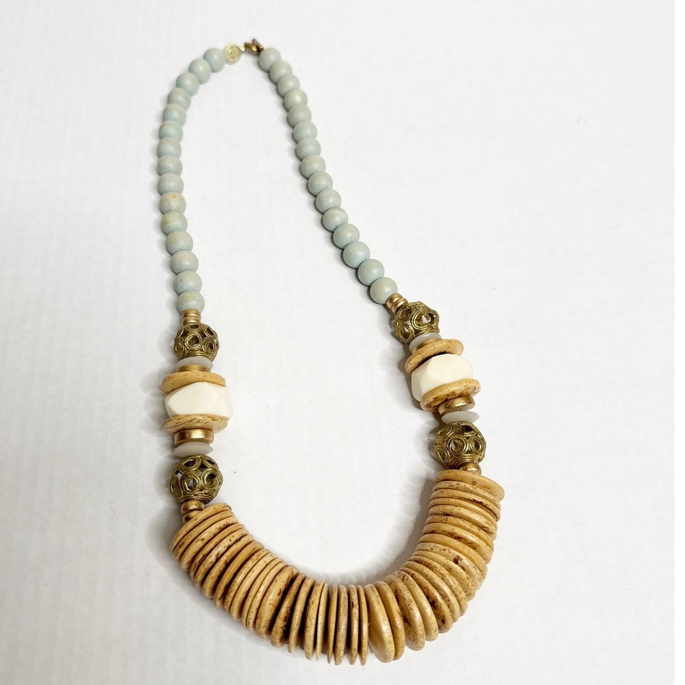 Boho Wood Bead Statement Necklace Light Blue Natural Tan Filigree Toggle 27 Inch